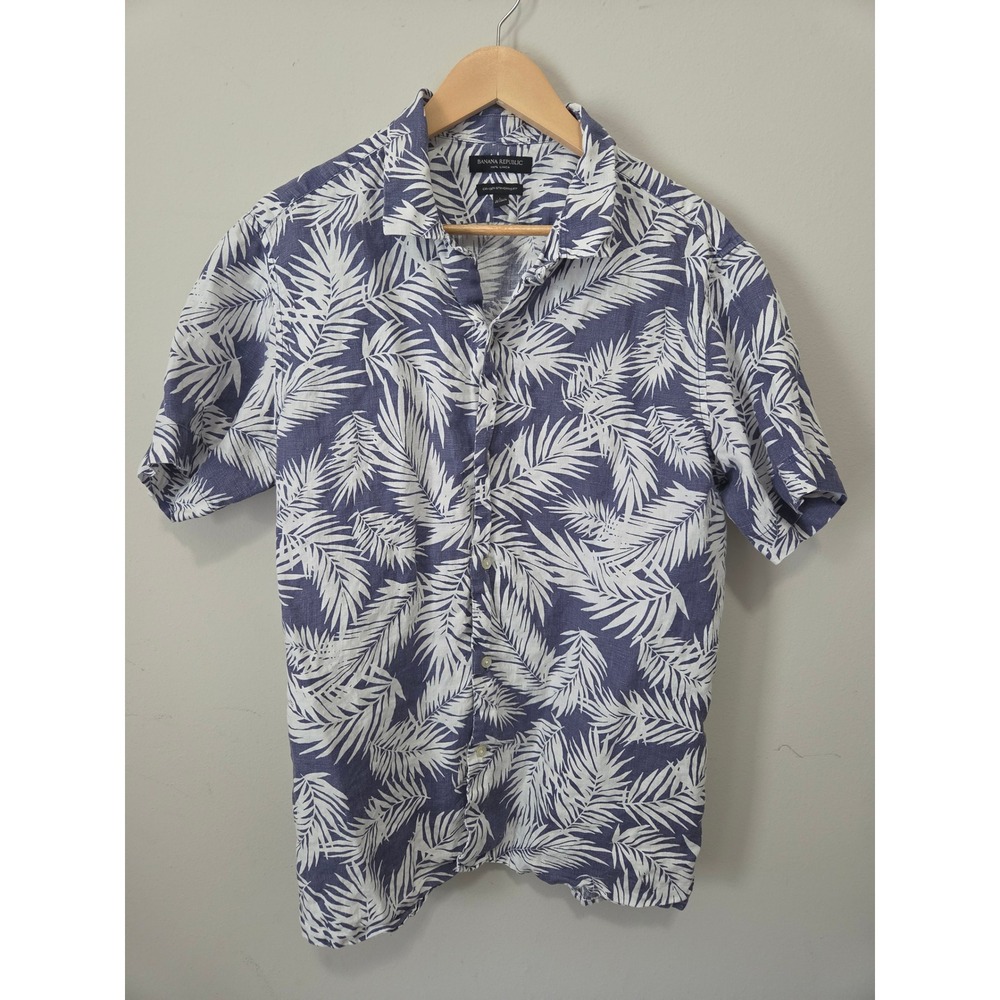 Banana Republic Mens Blue White Linen Palm Leaf Camden Standard Fit Shirt Large